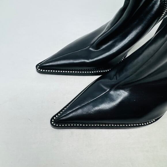 Zara Black Pointed Toe Ankle Boots 39 High Heel Zip Up Stud Trim Sleek Edgy - Picture 2 of 11